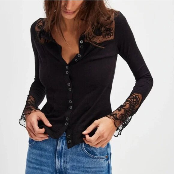 Free People Rosebud Cuff Top in Black - small NW(partial)T - Picture 3 of 5